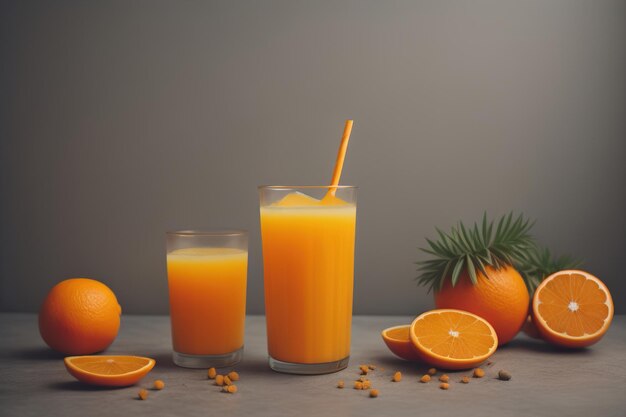 Vaso de sumo de laranja e frutos frescos de laranja ai generativos