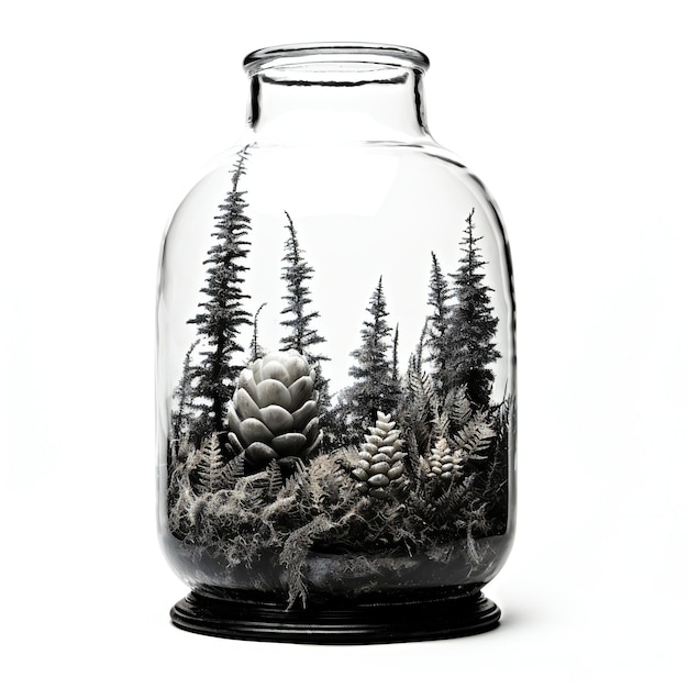 Vaso de vidro com árvores e suculentas isoladas em fundo branco