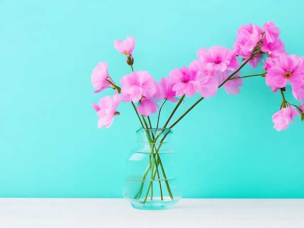 Vaso de vidro com flores cor-de-rosa, flores e galhos em uma mesa de vidro perto de uma parede turquesa vazia.