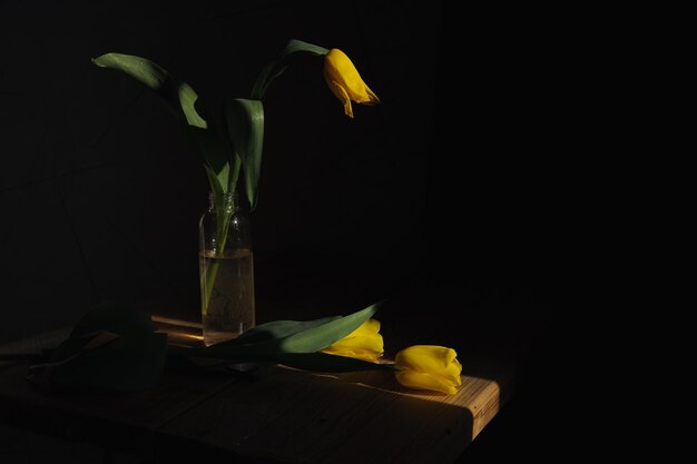 vaso de vidro com flores de tulipa de primavera brilhante de cor amarela, colocadas na mesa de madeira