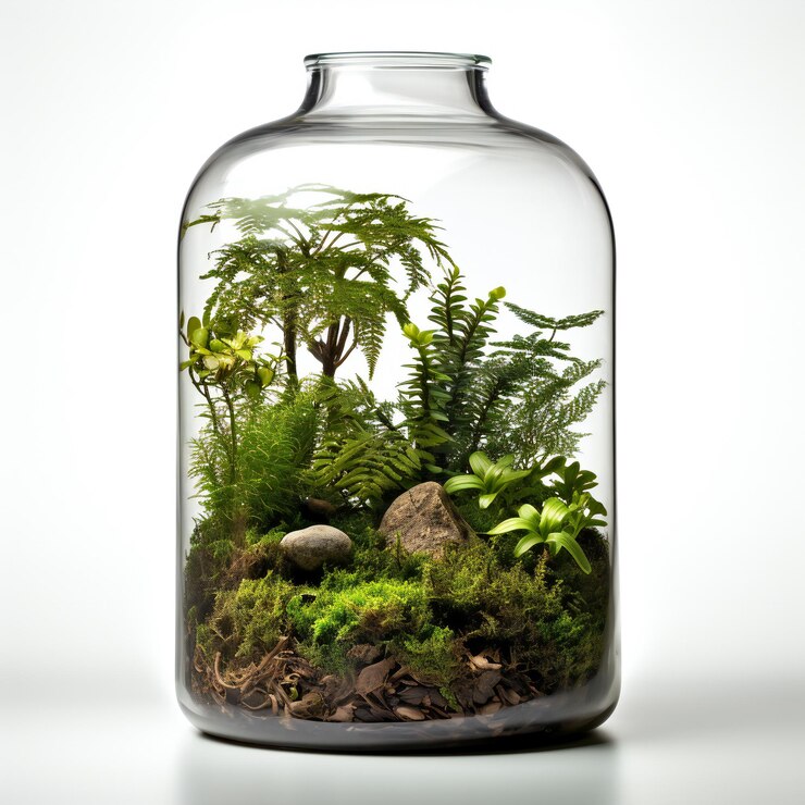 Foto vaso de vidro com plantas verdes e musgo em um fundo branco