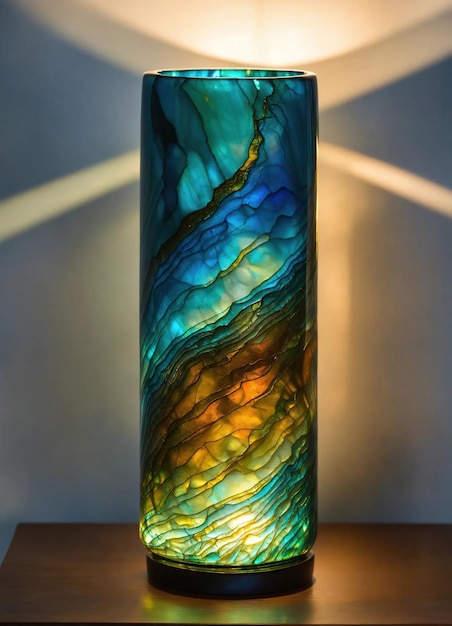 Vaso de vidro decorativo colorido com padrão verde e azul na mesa