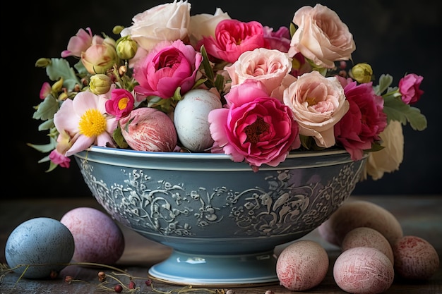 Vaso decorativo com ovos de Páscoa coloridos e buquê de flores para a celebração da primavera