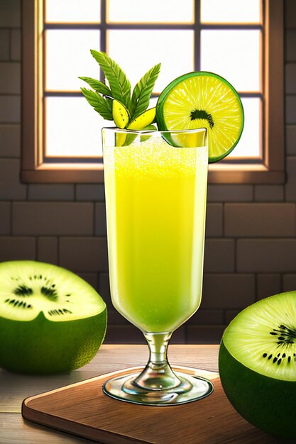 Un vaso de deliciosa bebida de fruta de kiwi verde en la mesa de la cocina