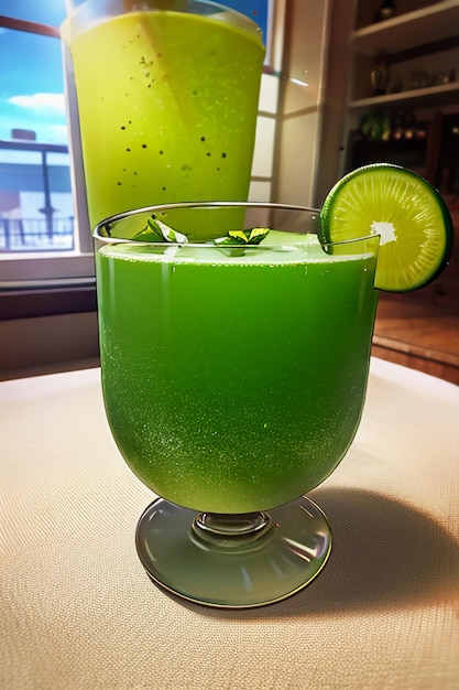 Un vaso de deliciosa bebida de fruta de kiwi verde en la mesa de la cocina