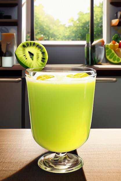 Un vaso de deliciosa bebida de fruta de kiwi verde en la mesa de la cocina