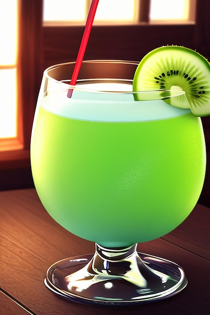 Un vaso de deliciosa bebida de fruta de kiwi verde en la mesa de la cocina