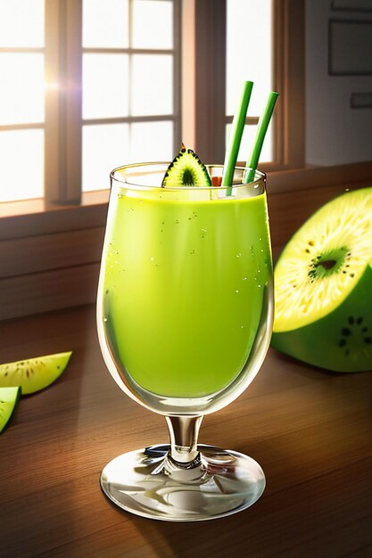 Un vaso de deliciosa bebida de fruta de kiwi verde en la mesa de la cocina