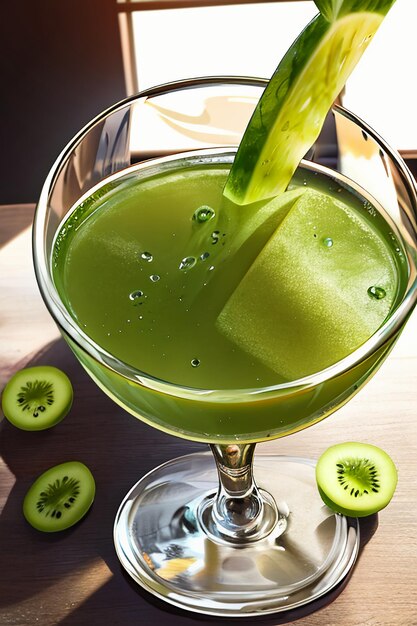 Un vaso de deliciosa bebida de fruta de kiwi verde en la mesa de la cocina