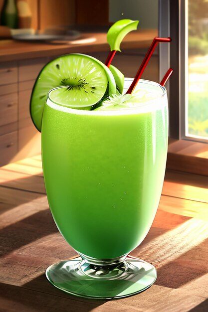 Un vaso de deliciosa bebida de fruta de kiwi verde en la mesa de la cocina