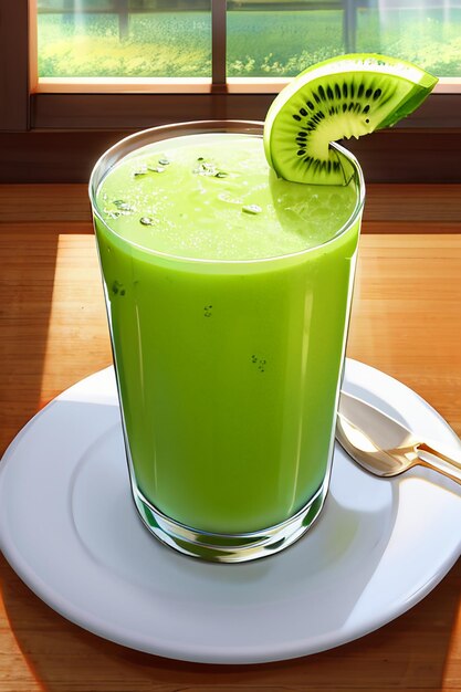 Un vaso de deliciosa bebida de fruta de kiwi verde en la mesa de la cocina