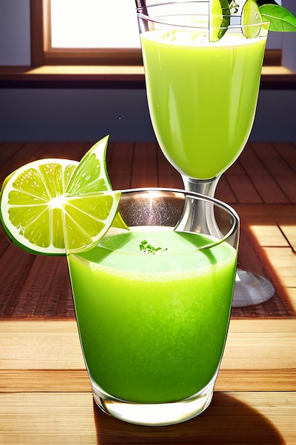 Un vaso de deliciosa bebida de fruta de kiwi verde en la mesa de la cocina