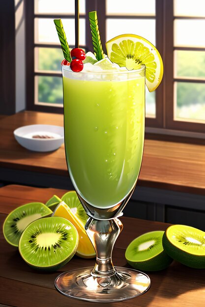 Un vaso de deliciosa bebida de fruta de kiwi verde en la mesa de la cocina