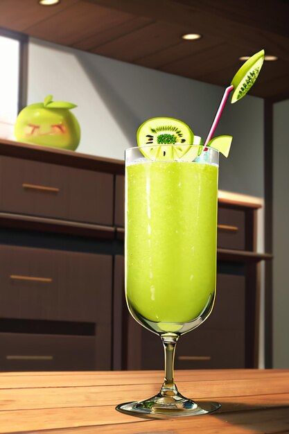 Un vaso de deliciosa bebida de fruta de kiwi verde en la mesa de la cocina