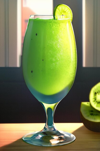 Un vaso de deliciosa bebida de fruta de kiwi verde en la mesa de la cocina