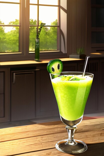 Un vaso de deliciosa bebida de fruta de kiwi verde en la mesa de la cocina