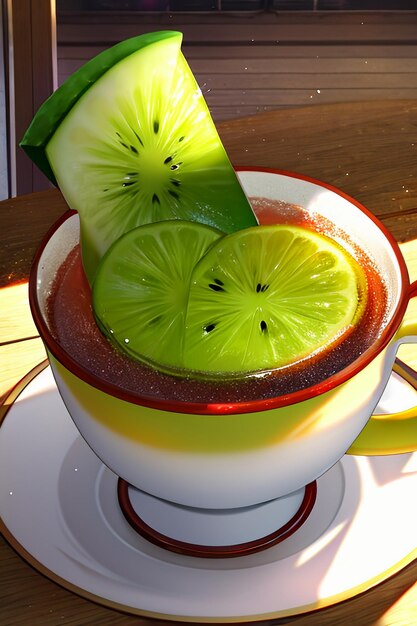 Un vaso de deliciosa bebida de fruta de kiwi verde en la mesa de la cocina