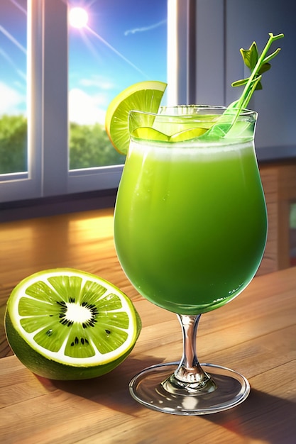 Un vaso de deliciosa bebida de fruta de kiwi verde en la mesa de la cocina