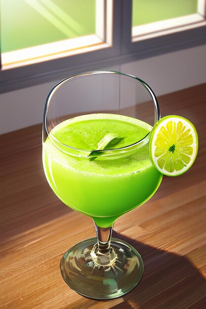 Un vaso de deliciosa bebida de fruta de kiwi verde en la mesa de la cocina