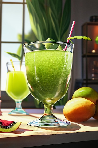 Un vaso de deliciosa bebida de fruta de kiwi verde en la mesa de la cocina