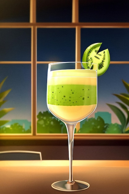 Un vaso de deliciosa bebida de fruta de kiwi verde en la mesa de la cocina