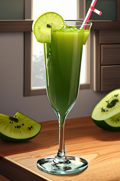 Un vaso de deliciosa bebida de fruta de kiwi verde en la mesa de la cocina