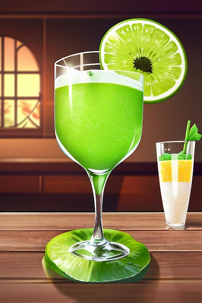 Foto un vaso de deliciosa bebida de fruta de kiwi verde en la mesa de la cocina