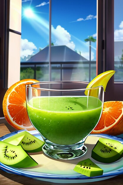 Un vaso de deliciosa bebida de fruta de kiwi verde en la mesa de la cocina