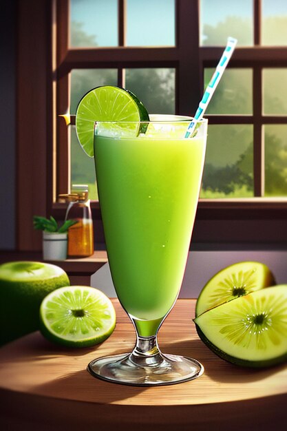 Un vaso de deliciosa bebida de fruta de kiwi verde en la mesa de la cocina