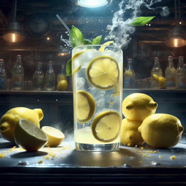 Un vaso de deliciosa limonada, una sinfonía de sabores. El sabor picante de los limones recién exprimidos se mezcla.