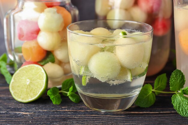 Vaso de delicioso cóctel con bolas de melón de cerca