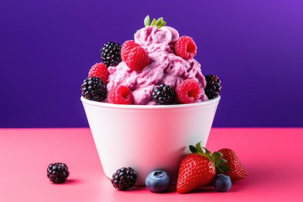 Un vaso de delicioso helado de fresa cubierto con fruta fresca