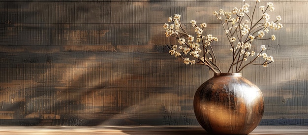 Vaso dourado e castanho como decoração em superfície de madeira