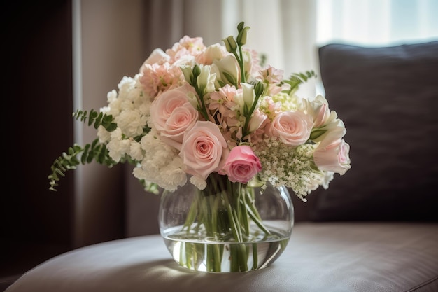 Vaso elegante cheio de flores em tons pastéis e detalhes simples criados com IA generativa