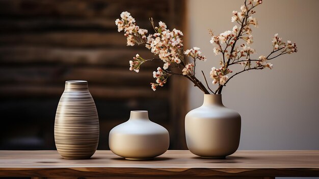 Vaso elegante de flores e vela em foco em cima de uma boa mesa de madeira com alta IA generativa