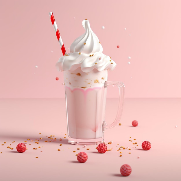 Un vaso enorme con bebidas rosas o bebidas de fresas rojas frescas y jugosas y leche orgánica