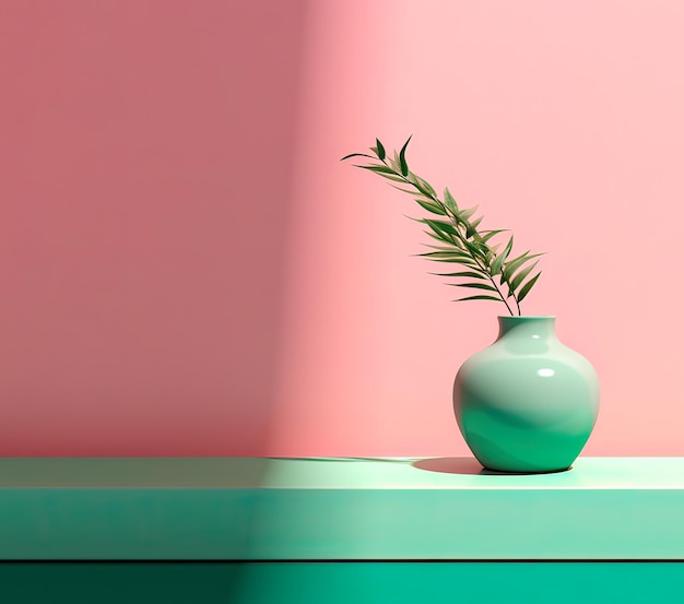 Vaso de escena minimalista verde con flores en un fondo rosado Lugar para el texto