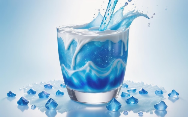 un vaso esmaltado revela la belleza etérea de la leche de cristal azul mágico