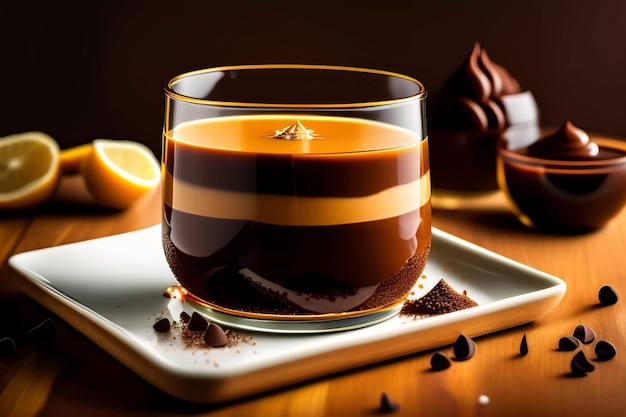 Un vaso de espresso de chocolate con chocolate y naranjas en una bandeja.