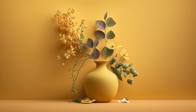 Vaso estético com linda flor em fundo amarelo vívido Generative AI