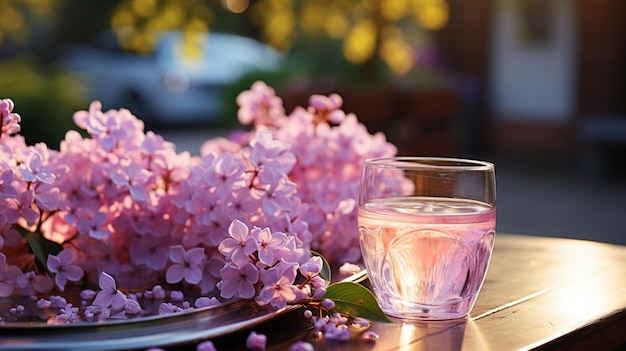 vaso de flores lilas y lilas frescas en el jardín