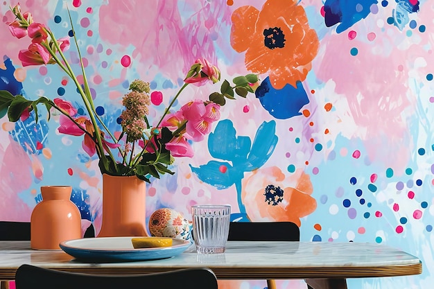 Foto vaso con flores en una mesa de madera en el interior moderno de la sala de estar con una pared pintada de colores