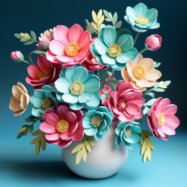 Vaso de flores de papel 3D colorido en azul azulado y rosa