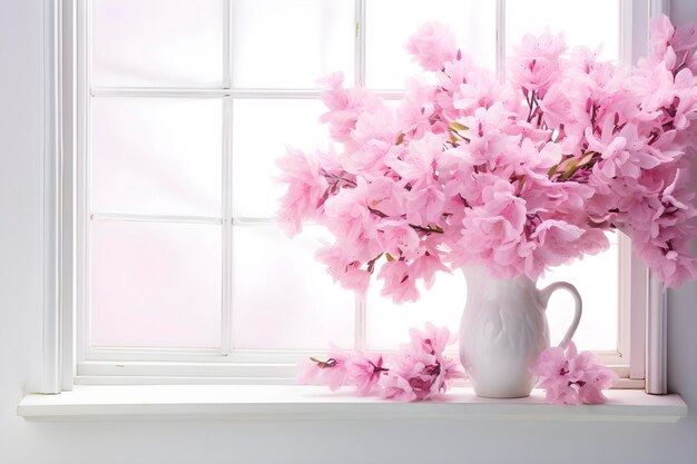 Vaso de flores rosadas de primavera en el alféizar blanco generado por la IA