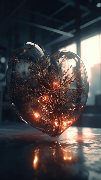 Un vaso en forma de corazón con luces en el interior.