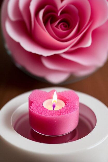 Foto vaso en forma de corazón con velas y flores rosas sentado en una mesa de madera