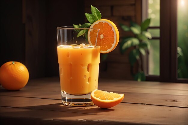 Vaso de fotos de jugo de naranja fresco en una mesa de madera