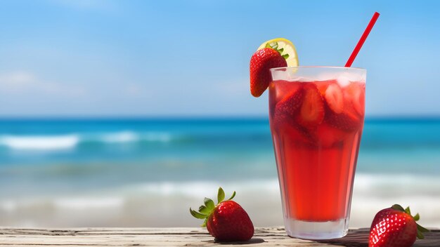 Un vaso de fresas fría bebida refrescante en el fondo del mar en un soleado día de verano red neuronal generada imagen