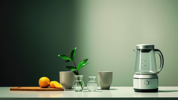 Vaso de frescura y composición de frutas y plantas en sala blanca