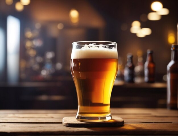 Un vaso frío de cerveza en una mesa de madera en un bar